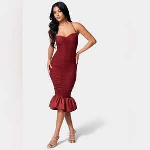 Red Ruched Peplum Bottom Dress